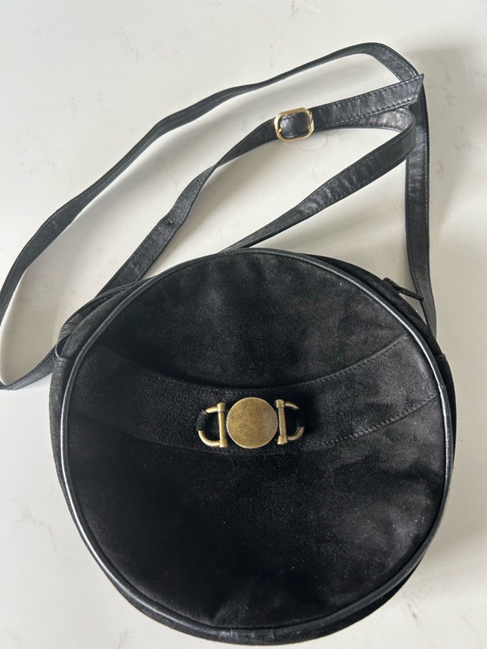 Vintage Browns Black Leather and Suede Round Crossbody Bag/ Brass Tone Accent